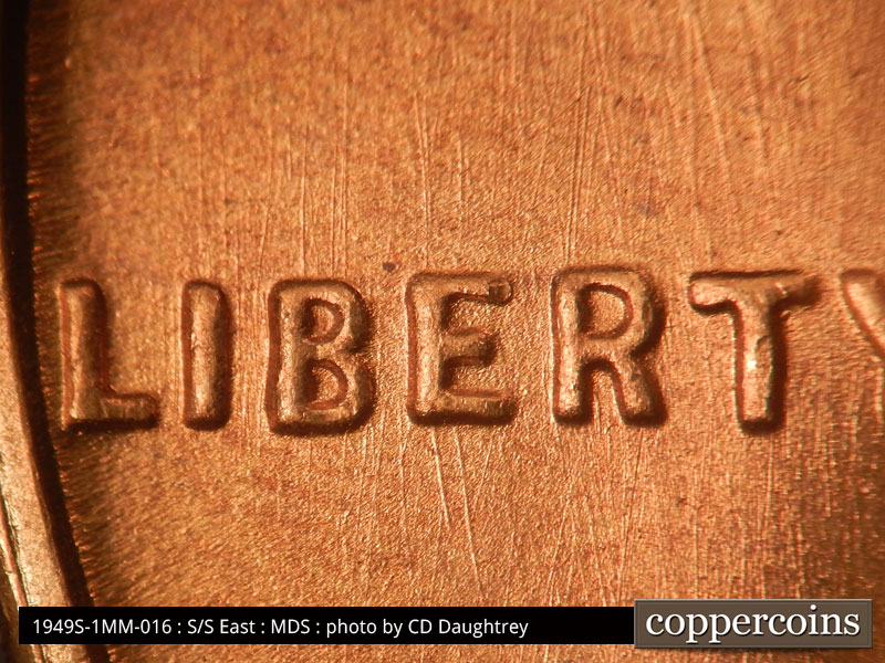 Die-stage B marker on 1949S•1MM•016 (1949 Repunched Mint Mark).