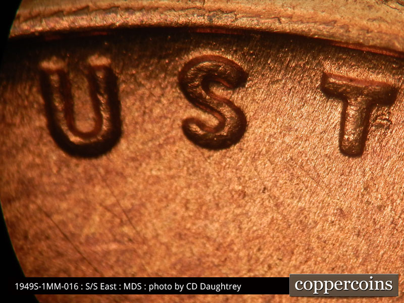 Die-stage B marker on 1949S•1MM•016 (1949 Repunched Mint Mark).
