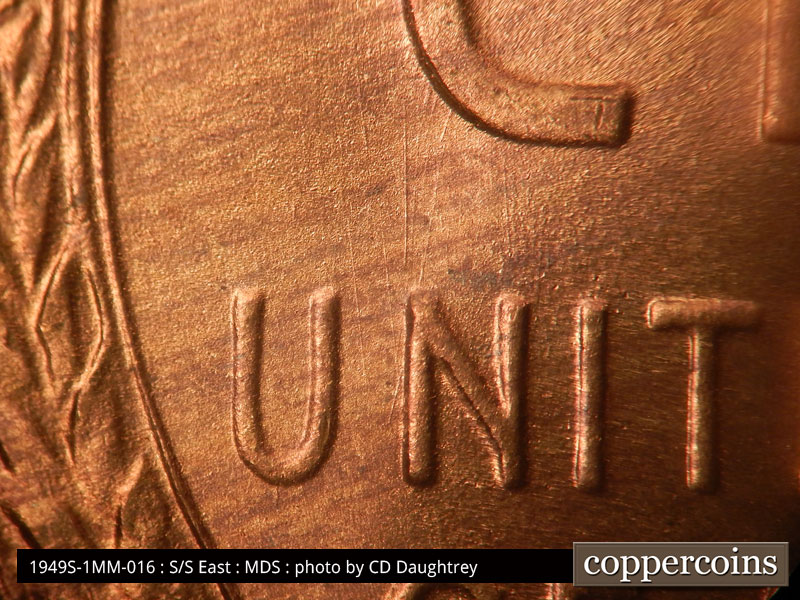 Die-stage B marker on 1949S•1MM•016 (1949 Repunched Mint Mark).