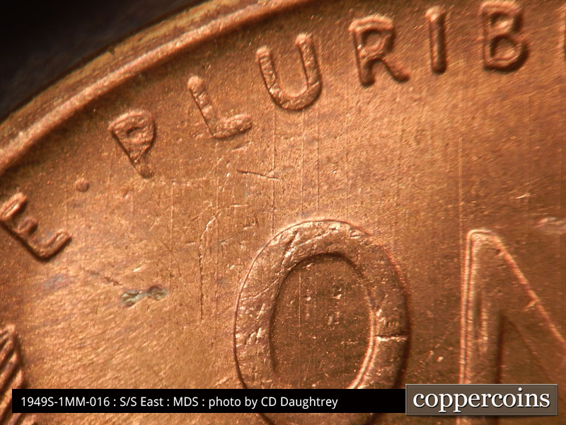 Die-stage B marker on 1949S•1MM•016 (1949 Repunched Mint Mark).