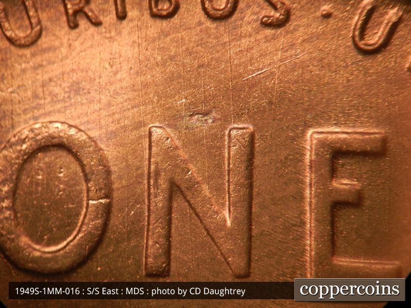 Die-stage B marker on 1949S•1MM•016 (1949 Repunched Mint Mark).
