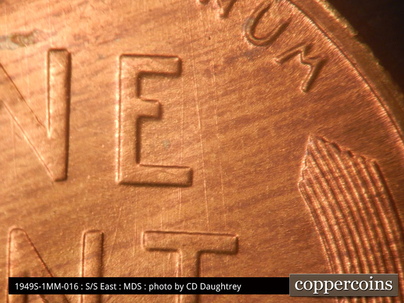 Die-stage B marker on 1949S•1MM•016 (1949 Repunched Mint Mark).