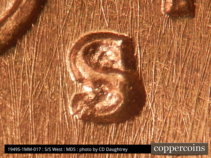 1949 Lincoln cent obverse, CopperCoins die 1949S•1MM•017.