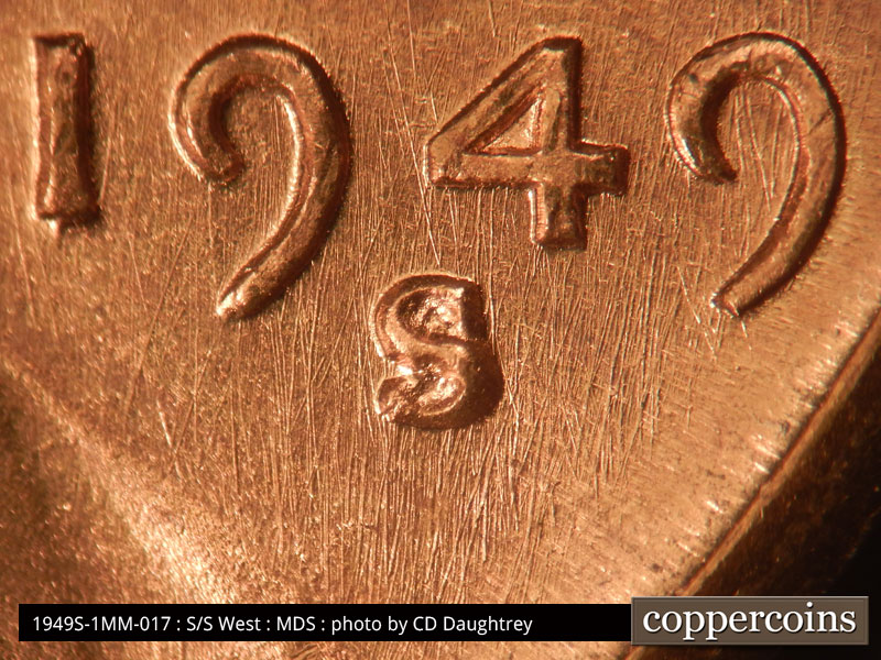 Die-stage B marker on 1949S•1MM•017 (1949 Repunched Mint Mark).