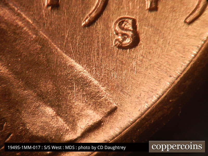 Die-stage B marker on 1949S•1MM•017 (1949 Repunched Mint Mark).
