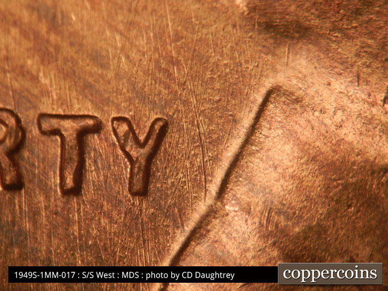 Die-stage B marker on 1949S•1MM•017 (1949 Repunched Mint Mark).