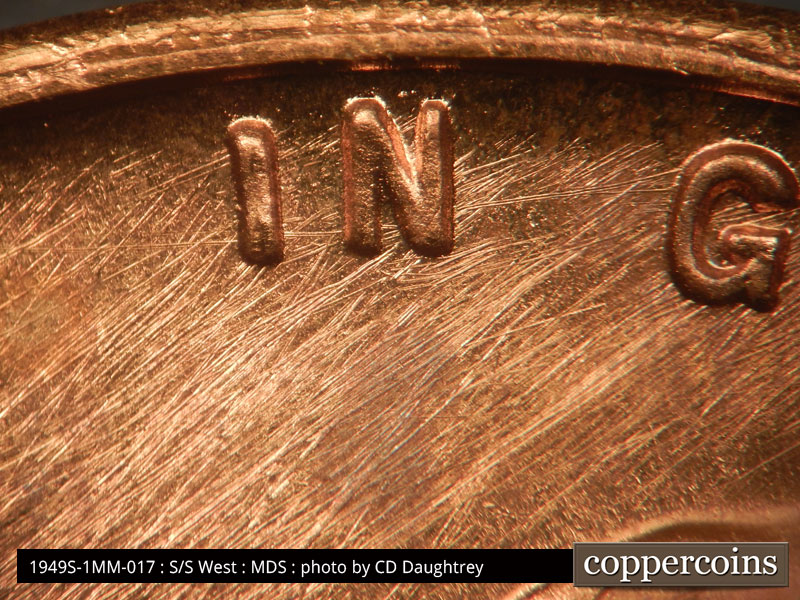 Die-stage B marker on 1949S•1MM•017 (1949 Repunched Mint Mark).