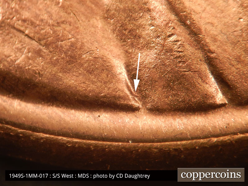 Die-stage B marker on 1949S•1MM•017 (1949 Repunched Mint Mark).