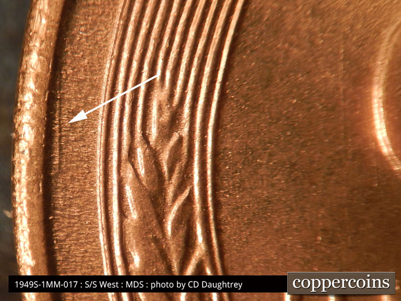Die-stage B marker on 1949S•1MM•017 (1949 Repunched Mint Mark).
