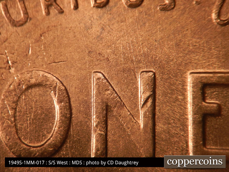 Die-stage B marker on 1949S•1MM•017 (1949 Repunched Mint Mark).