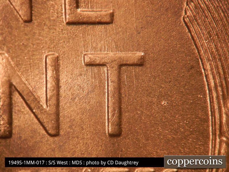 Die-stage B marker on 1949S•1MM•017 (1949 Repunched Mint Mark).