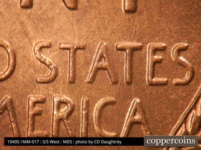 Die-stage B marker on 1949S•1MM•017 (1949 Repunched Mint Mark).