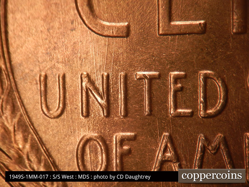 Die-stage B marker on 1949S•1MM•017 (1949 Repunched Mint Mark).