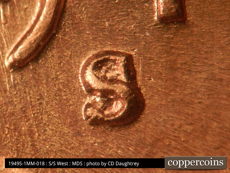 1949 Lincoln cent obverse, CopperCoins die 1949S•1MM•018.