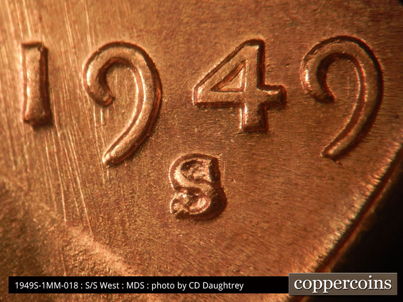 Die-stage B marker on 1949S•1MM•018 (1949 Repunched Mint Mark).