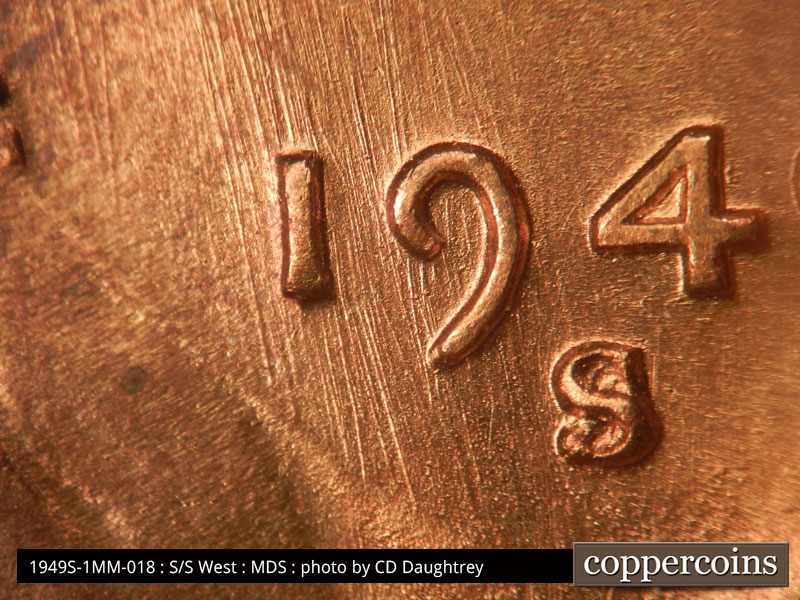 Die-stage B marker on 1949S•1MM•018 (1949 Repunched Mint Mark).