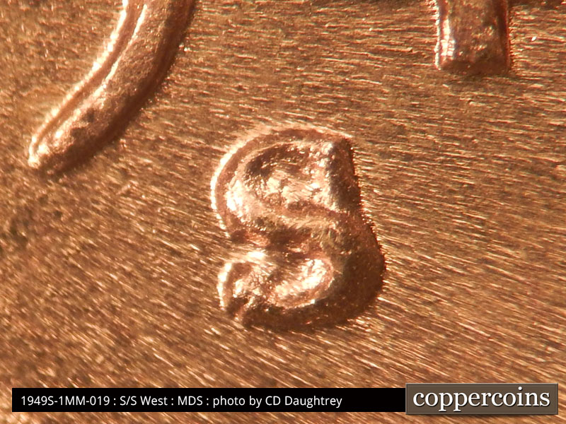 1949 Lincoln cent obverse, CopperCoins die 1949S•1MM•019.