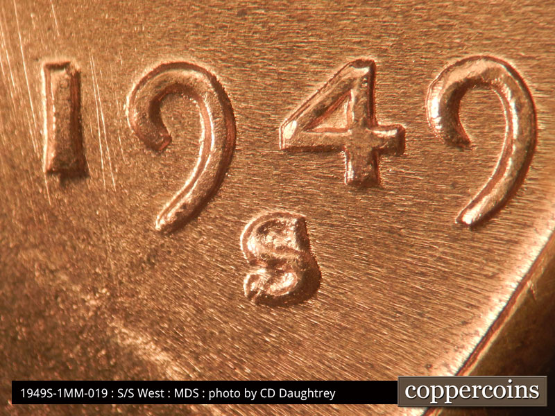 Die-stage B marker on 1949S•1MM•019 (1949 Repunched Mint Mark).