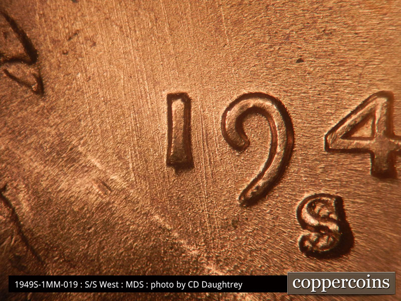 Die-stage B marker on 1949S•1MM•019 (1949 Repunched Mint Mark).