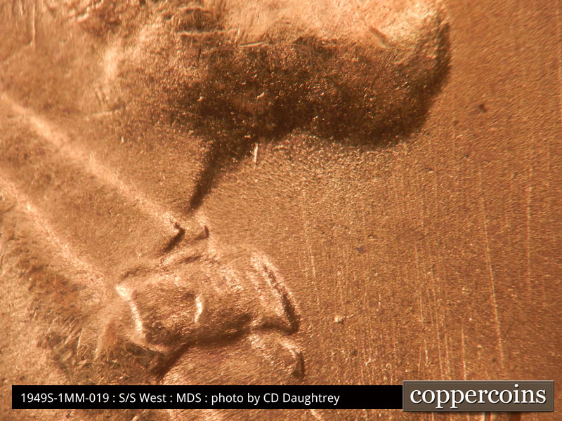 Die-stage B marker on 1949S•1MM•019 (1949 Repunched Mint Mark).