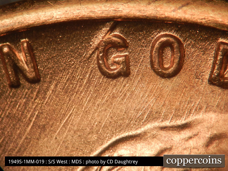 Die-stage B marker on 1949S•1MM•019 (1949 Repunched Mint Mark).