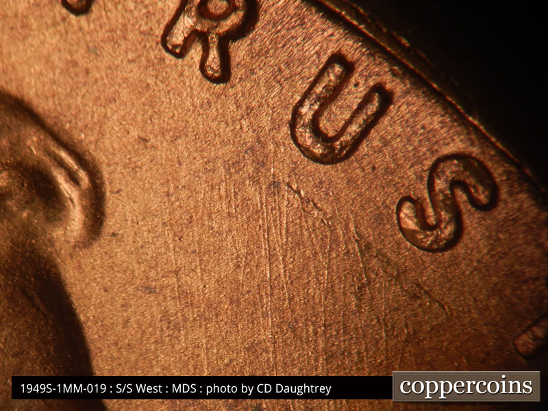 Die-stage B marker on 1949S•1MM•019 (1949 Repunched Mint Mark).