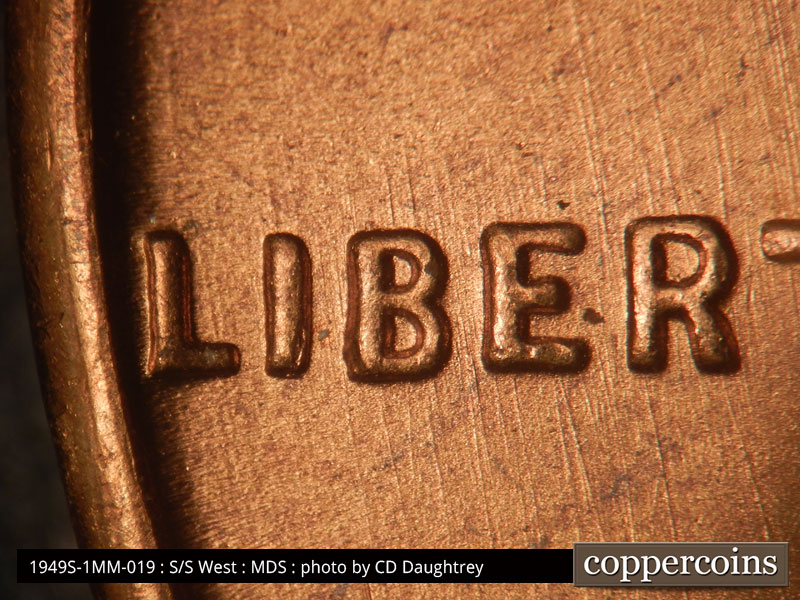 Die-stage B marker on 1949S•1MM•019 (1949 Repunched Mint Mark).