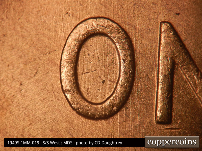 Die-stage B marker on 1949S•1MM•019 (1949 Repunched Mint Mark).