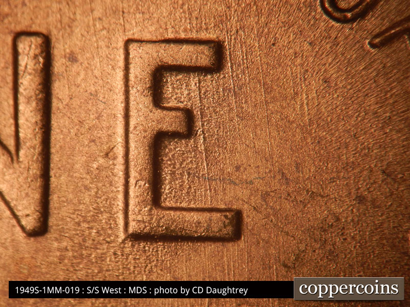 Die-stage B marker on 1949S•1MM•019 (1949 Repunched Mint Mark).