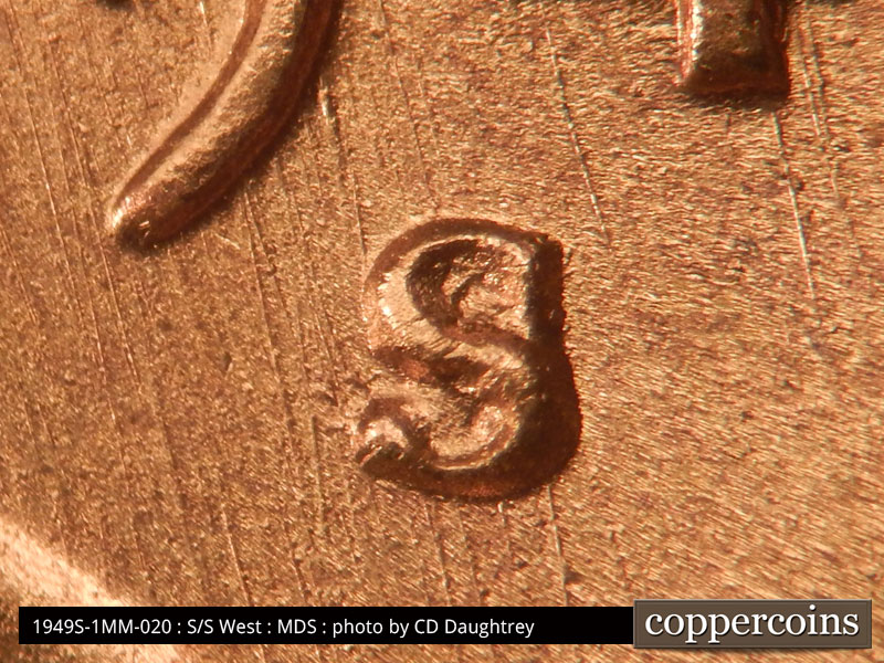 1949 Lincoln cent obverse, CopperCoins die 1949S•1MM•020.
