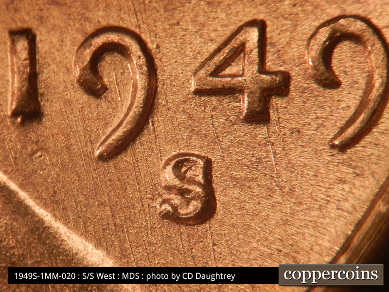 Die-stage B marker on 1949S•1MM•020 (1949 Repunched Mint Mark).