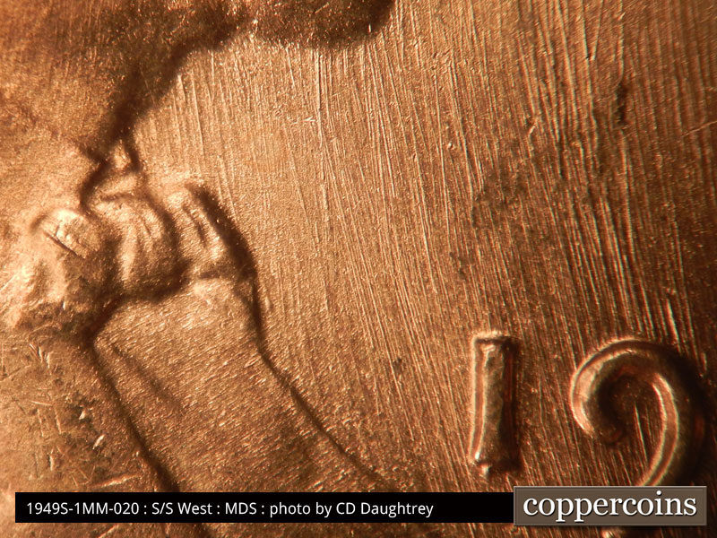 Die-stage B marker on 1949S•1MM•020 (1949 Repunched Mint Mark).