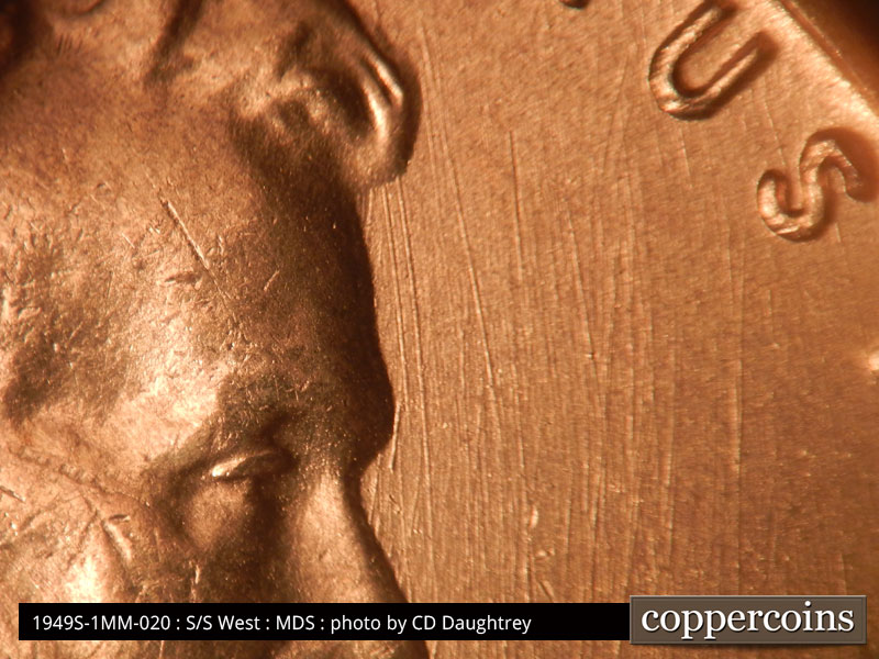 Die-stage B marker on 1949S•1MM•020 (1949 Repunched Mint Mark).