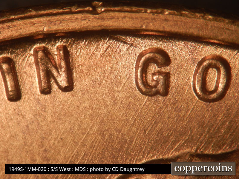 Die-stage B marker on 1949S•1MM•020 (1949 Repunched Mint Mark).
