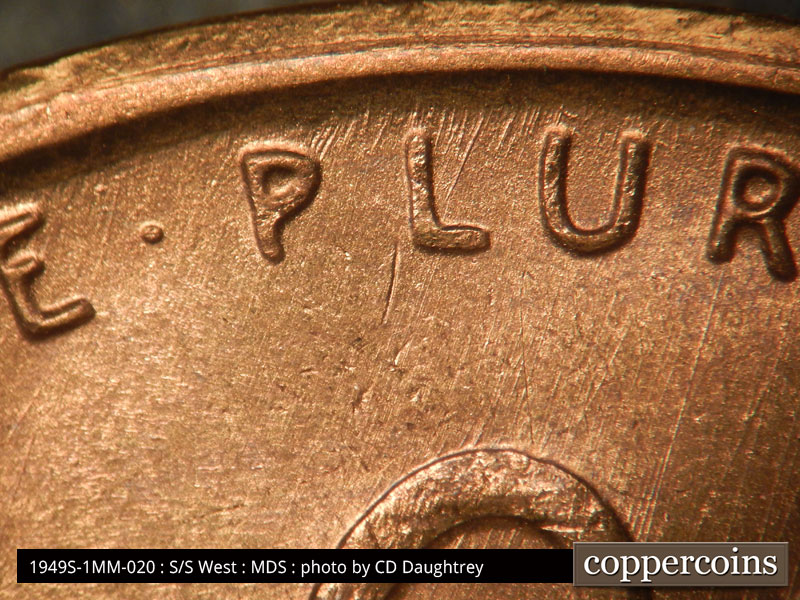Die-stage B marker on 1949S•1MM•020 (1949 Repunched Mint Mark).