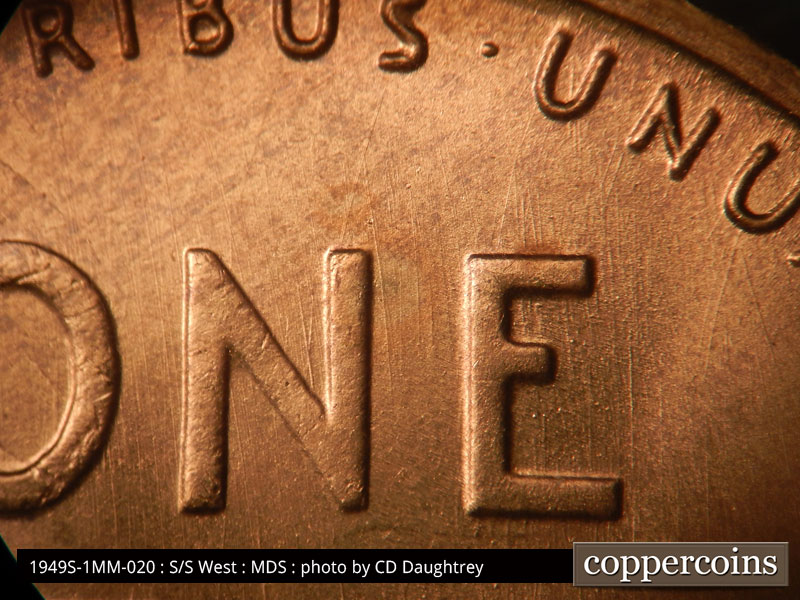 Die-stage B marker on 1949S•1MM•020 (1949 Repunched Mint Mark).