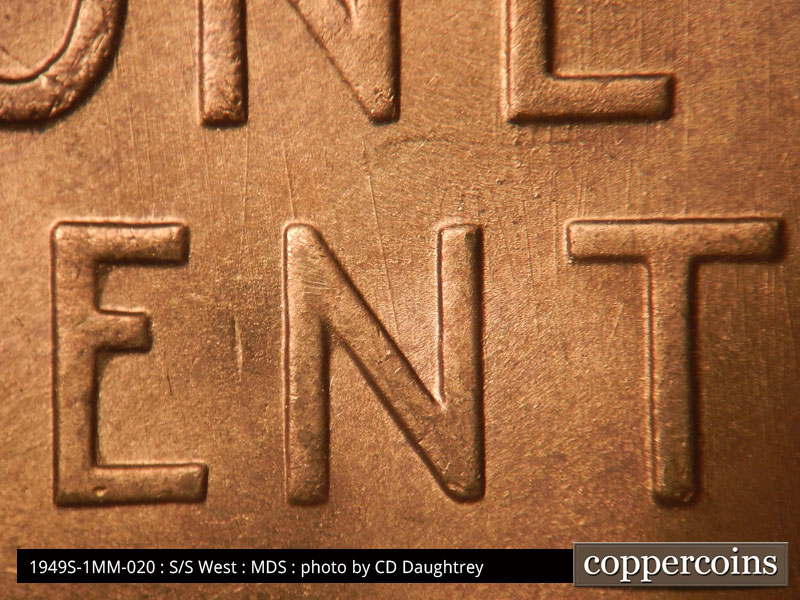 Die-stage B marker on 1949S•1MM•020 (1949 Repunched Mint Mark).