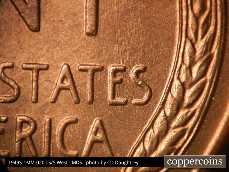 Die-stage B marker on 1949S•1MM•020 (1949 Repunched Mint Mark).
