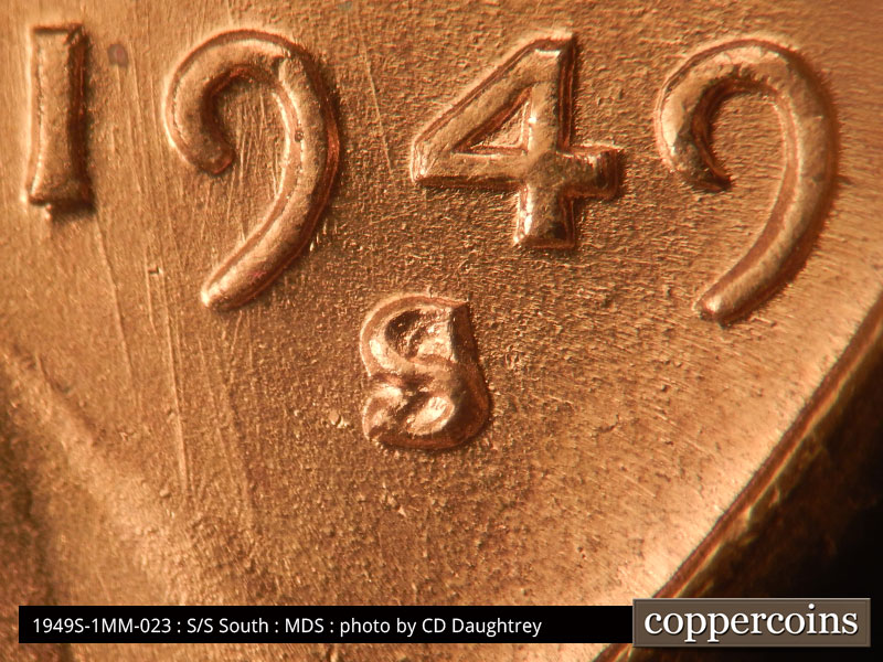 Die-stage B marker on 1949S•1MM•023 (1949 Repunched Mint Mark).