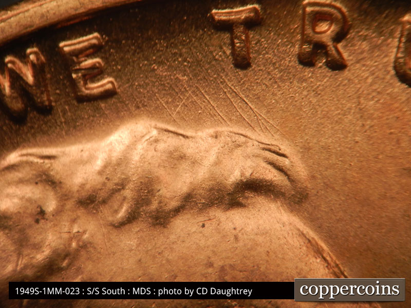 Die-stage B marker on 1949S•1MM•023 (1949 Repunched Mint Mark).