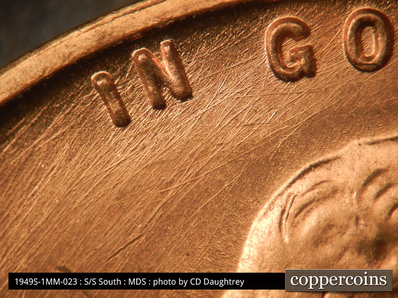Die-stage B marker on 1949S•1MM•023 (1949 Repunched Mint Mark).