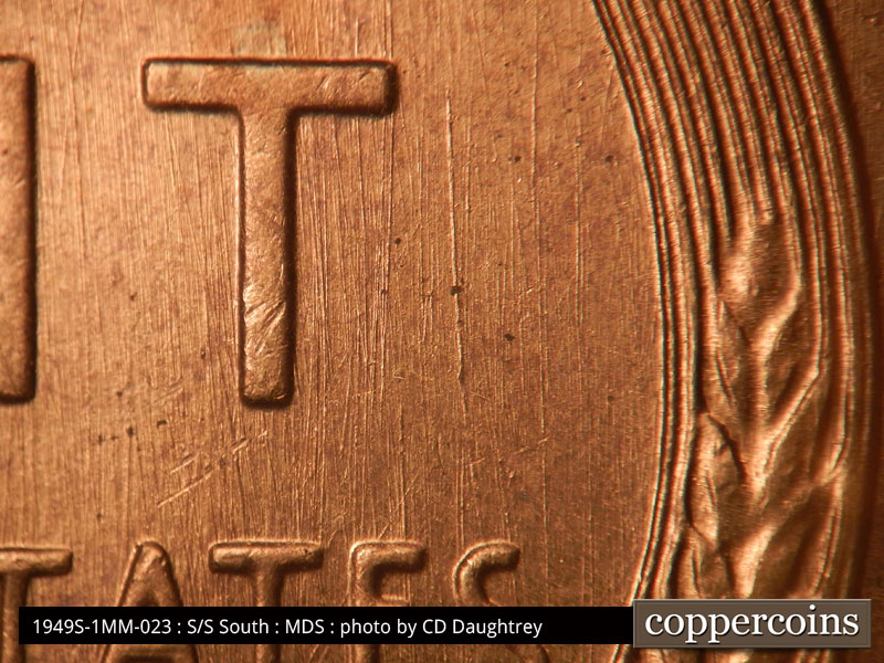 Die-stage B marker on 1949S•1MM•023 (1949 Repunched Mint Mark).
