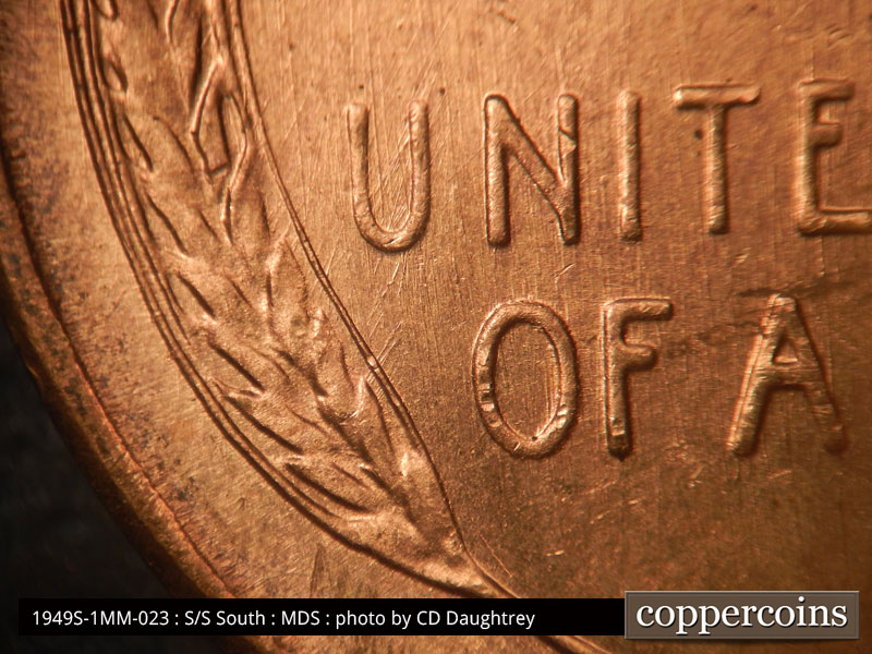 Die-stage B marker on 1949S•1MM•023 (1949 Repunched Mint Mark).