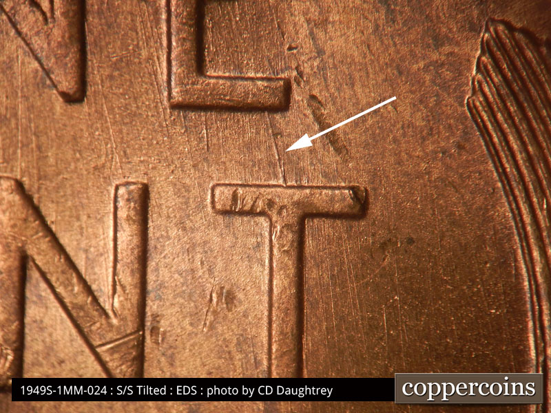 Die-stage A marker on 1949S•1MM•024 (1949 Repunched Mint Mark).