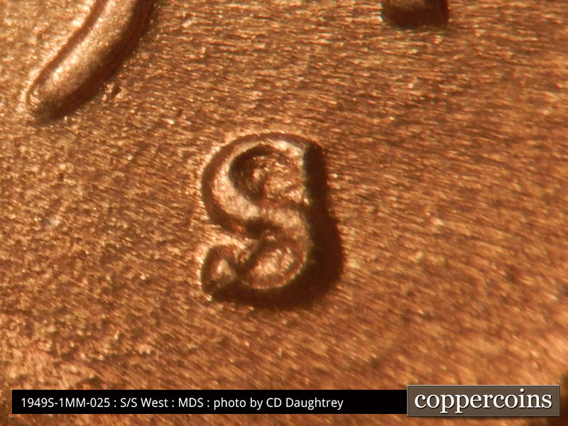 1949 Lincoln cent obverse, CopperCoins die 1949S•1MM•025.