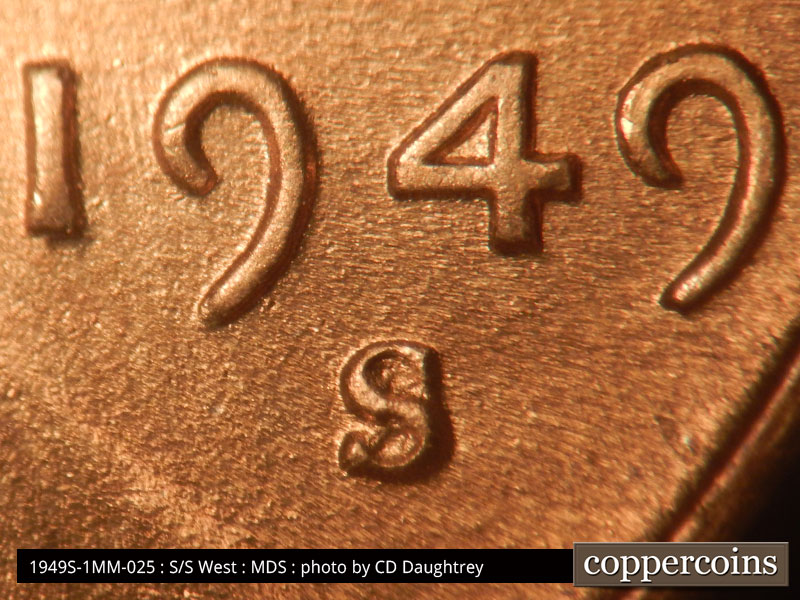 Die-stage B marker on 1949S•1MM•025 (1949 Repunched Mint Mark).