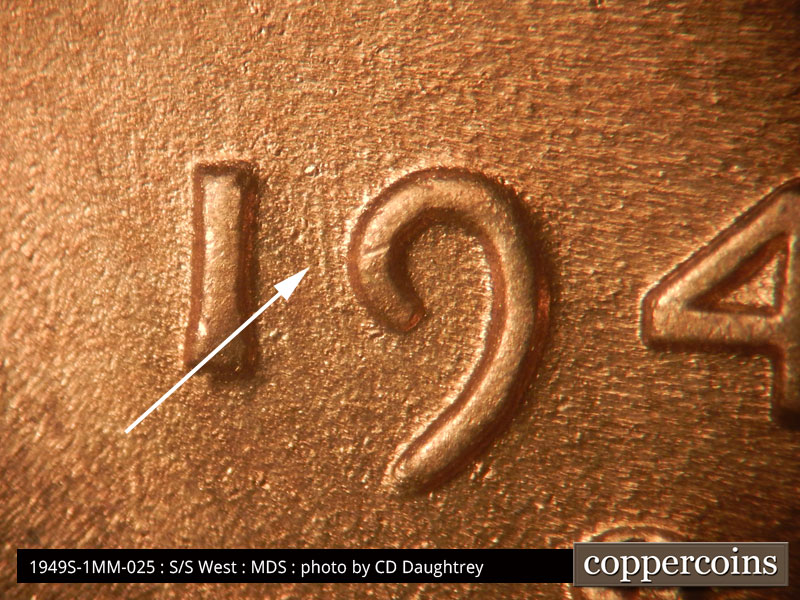 Die-stage B marker on 1949S•1MM•025 (1949 Repunched Mint Mark).