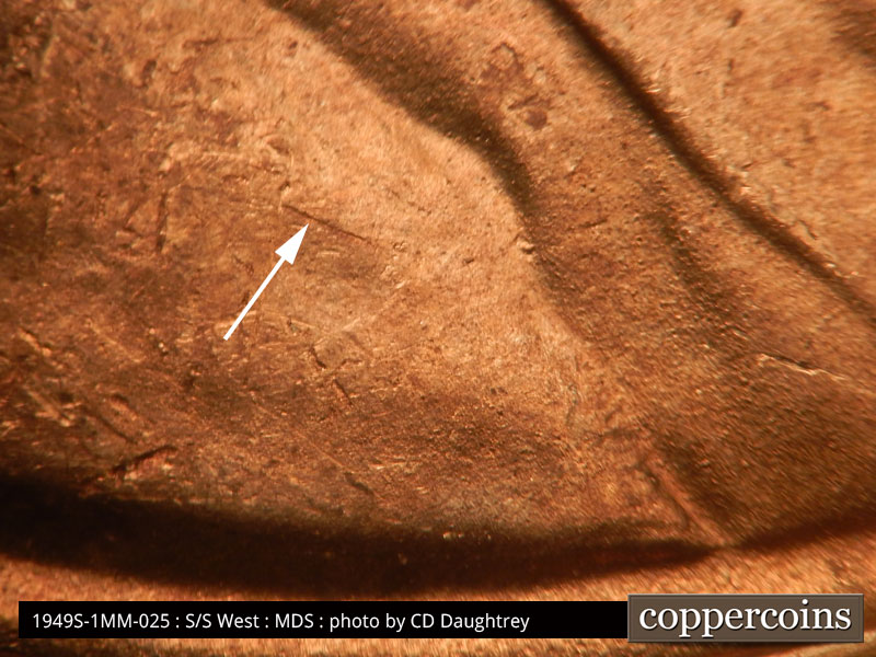 Die-stage B marker on 1949S•1MM•025 (1949 Repunched Mint Mark).