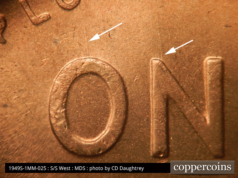 Die-stage B marker on 1949S•1MM•025 (1949 Repunched Mint Mark).
