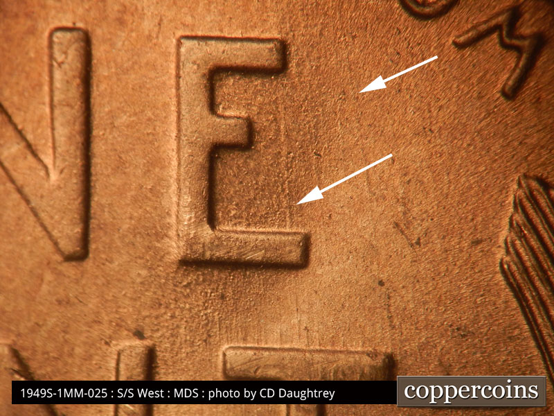 Die-stage B marker on 1949S•1MM•025 (1949 Repunched Mint Mark).